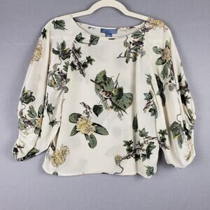 Dil Women's Size 0 Flowy Silk Blouse Floral Bird Print Cream Fairycore Oversized